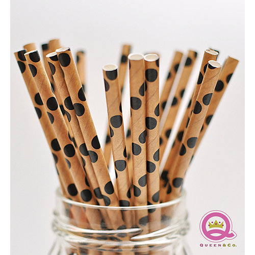 Queen and Company - Stylish Stix - Paper Straws - Black and Tan Dots