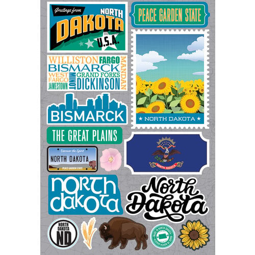 Reminisce - Jetsetters Collection - 3 Dimensional Die Cut Stickers - North Dakota