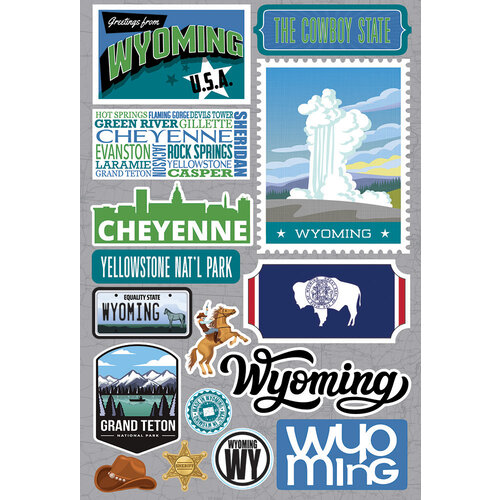 Reminisce - Jetsetters Collection - 3 Dimensional Die Cut Stickers - Wyoming