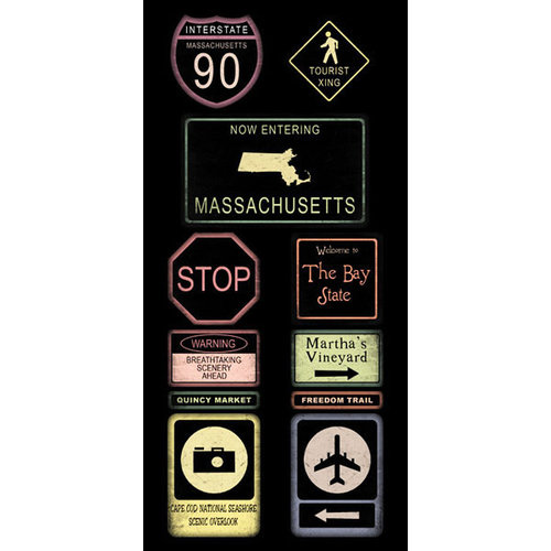 Scrapbook Customs - United States Collection - Massachusetts - Cardstock Stickers - Road Signs