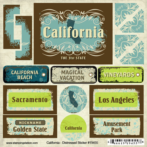 Scrapbook Customs - United States Collection - California - Distressed Cardstock Stickers