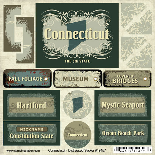 Scrapbook Customs - United States Collection - Connecticut - Distressed Cardstock Stickers