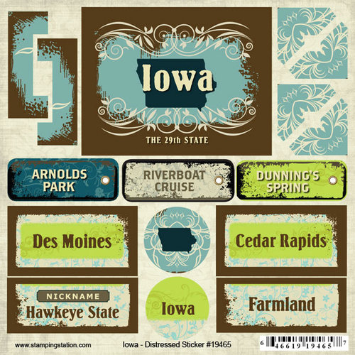 Scrapbook Customs - United States Collection - Iowa - Distressed Cardstock Stickers