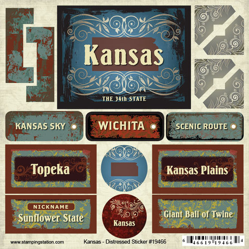 Scrapbook Customs - United States Collection - Kansas - Distressed Cardstock Stickers