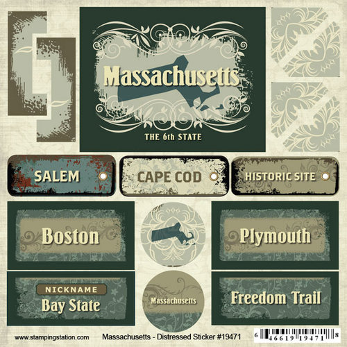 Scrapbook Customs - United States Collection - Massachusetts - Distressed Cardstock Stickers