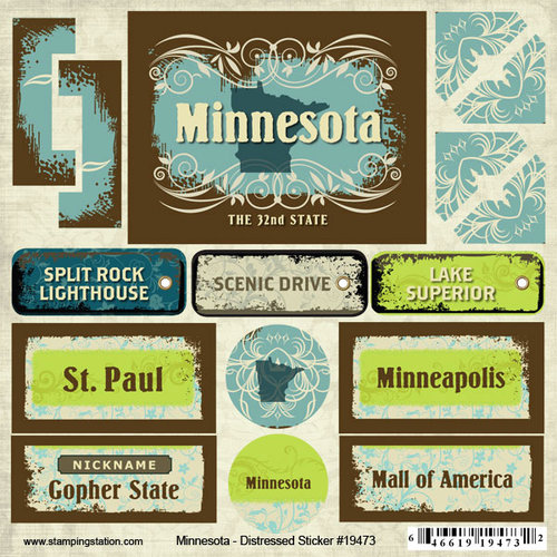 Scrapbook Customs - United States Collection - Minnesota - Distressed Cardstock Stickers