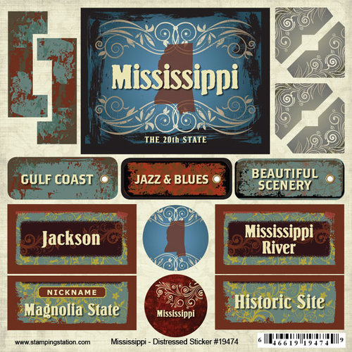 Scrapbook Customs - United States Collection - Mississippi - Distressed Cardstock Stickers