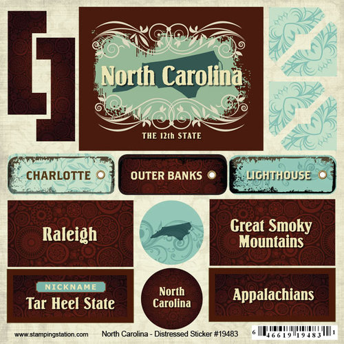 Scrapbook Customs - United States Collection - North Carolina - Distressed Cardstock Stickers