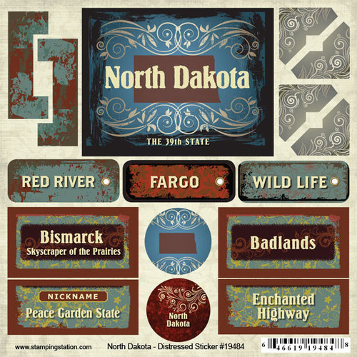 Scrapbook Customs - United States Collection - North Dakota - Distressed Cardstock Stickers