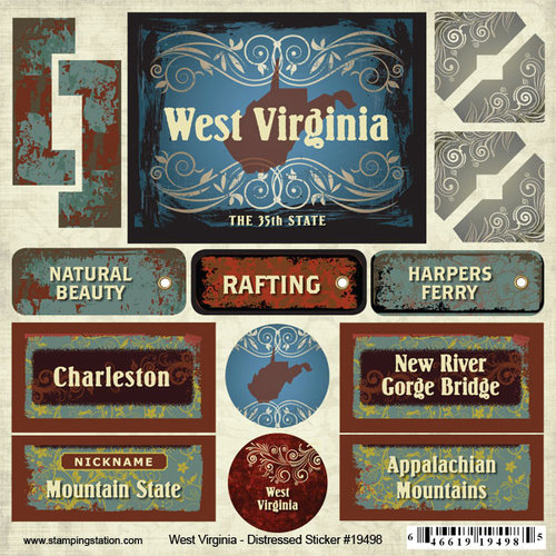 Scrapbook Customs - United States Collection - West Virginia - Distressed Cardstock Stickers