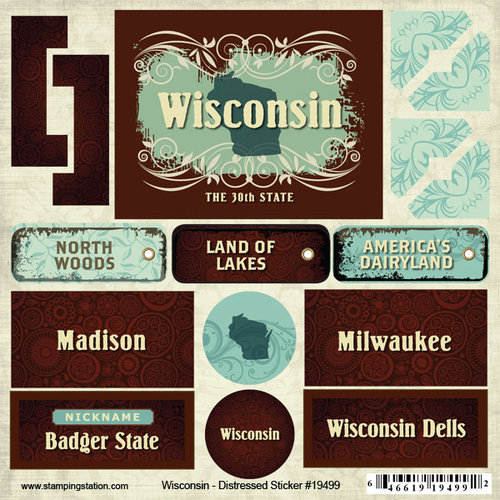 Scrapbook Customs - United States Collection - Wisconsin - Distressed Cardstock Stickers