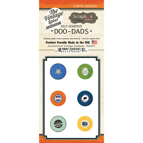Scrapbook Customs - Vintage Label Collection - Vintage Doo Dads - Self Adhesive Metal Badges - Connecticut