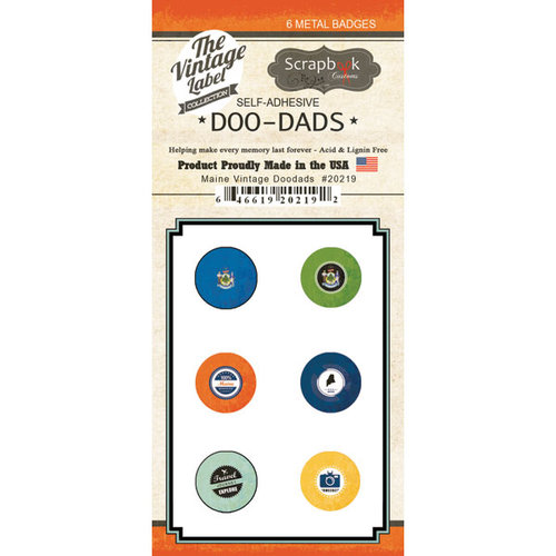 Scrapbook Customs - Vintage Label Collection - Vintage Doo Dads - Self Adhesive Metal Badges - Maine
