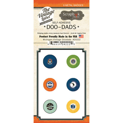 Scrapbook Customs - Vintage Label Collection - Vintage Doo Dads - Self Adhesive Metal Badges - Michigan