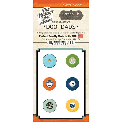 Scrapbook Customs - Vintage Label Collection - Vintage Doo Dads - Self Adhesive Metal Badges - Oklahoma