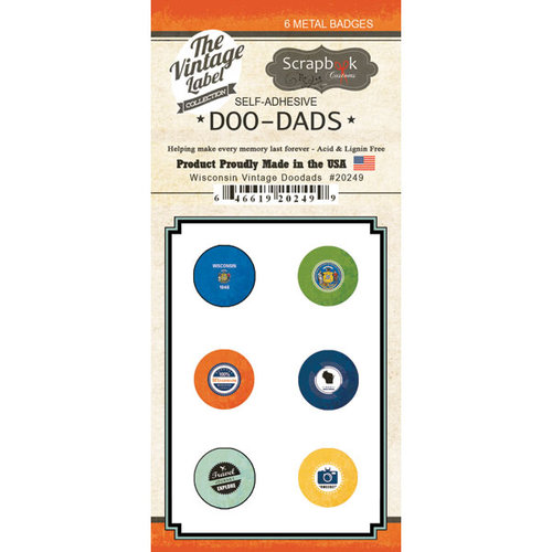 Scrapbook Customs - Vintage Label Collection - Vintage Doo Dads - Self Adhesive Metal Badges - Wisconsin