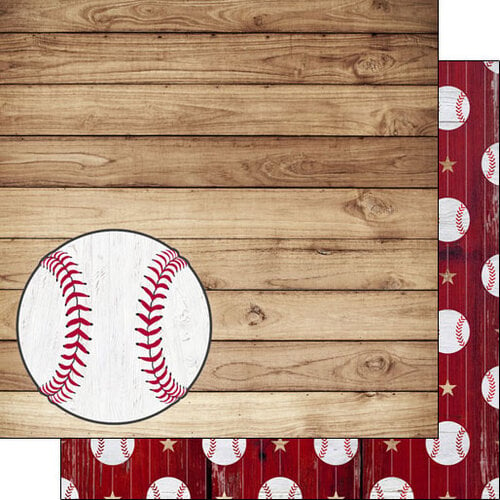 Scrapbook Customs - 12 x 12 Double Sided Paper - Baseball on Wood