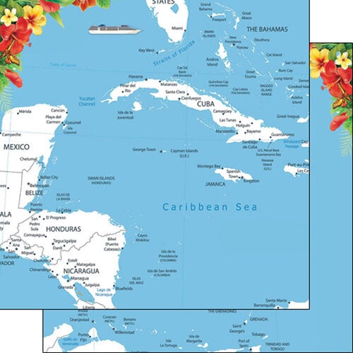 Scrapbook Customs - 12 x 12 Double Sided Paper - Caribbean Map Floral