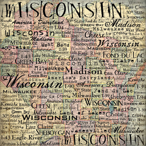 Scrapbook Customs - United States Collection - Wisconsin - 12 x 12 Paper - Map