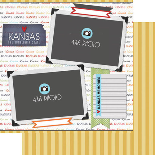 Scrapbook Customs - Travel Photo Journaling Collection - 12 x 12 Double Sided Paper - Kansas - Quick Page Journal