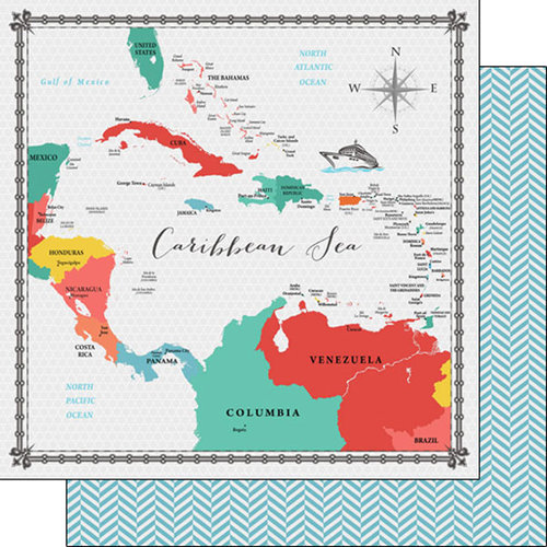 Scrapbook Customs - 12 x 12 Double Sided Paper - Caribbean Sea Memories Map