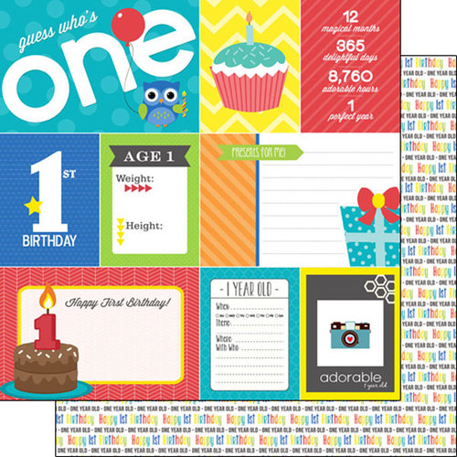 Scrapbook Customs - Happy Birthday Collection - 12 x 12 Double Sided Paper - 1st Birthday