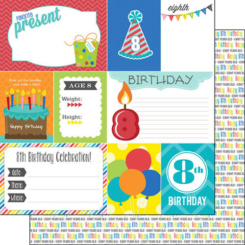 Scrapbook Customs - Happy Birthday Collection - 12 x 12 Double Sided Paper - 8th Birthday