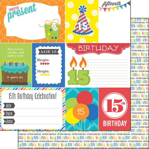 Scrapbook Customs - Happy Birthday Collection - 12 x 12 Double Sided Paper - 15th Birthday