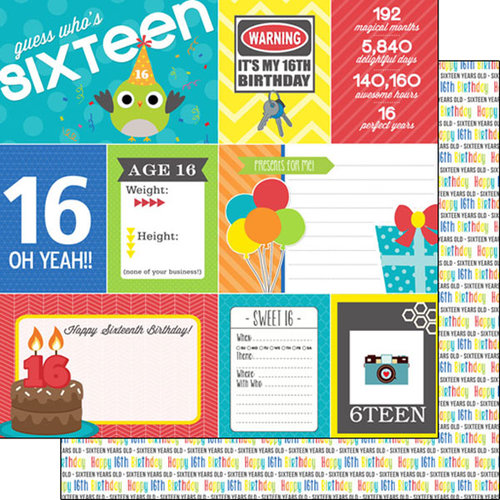 Scrapbook Customs - Happy Birthday Collection - 12 x 12 Double Sided Paper - 16th Birthday