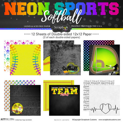 Scrapbook Customs - Neon Sports Collection - 12 x 12 Paper Pack - Softball