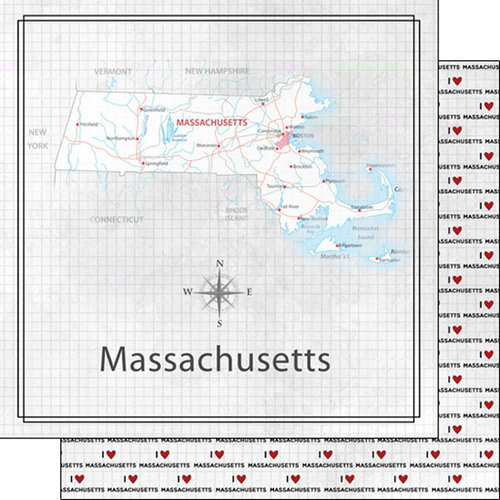 Scrapbook Customs - Adventure Collection - 12 x 12 Double Sided Paper - Adventure Map - Massachusetts