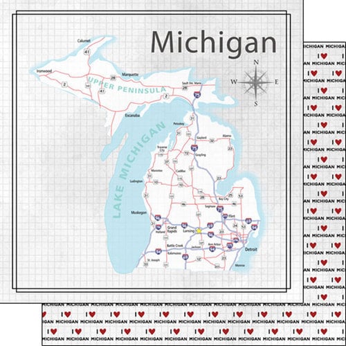 Scrapbook Customs - Adventure Collection - 12 x 12 Double Sided Paper - Michigan Adventure Map