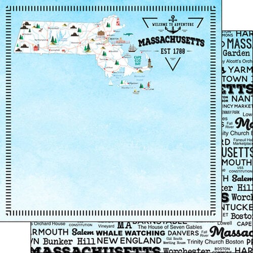 Scrapbook Customs - Postage Map Collection - 12 x 12 Double Sided Paper - Massachusetts