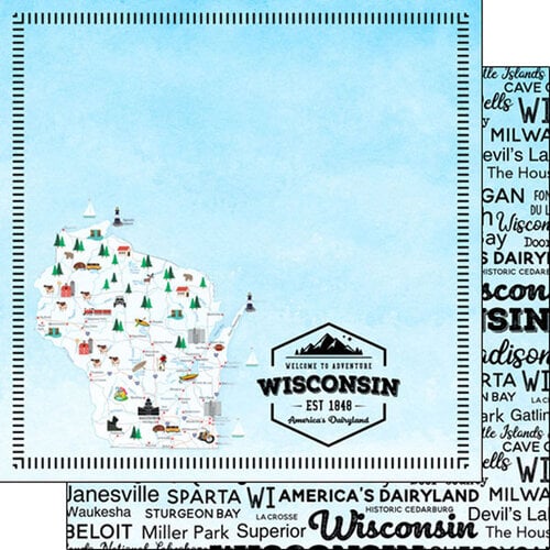 Scrapbook Customs - Postage Map Collection - 12 x 12 Double Sided Paper - Wisconsin