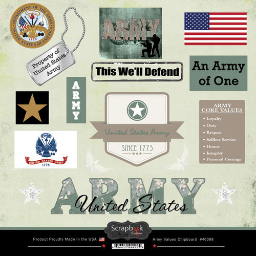 Scrapbook Customs - Military Collection - 12 x 12 Laser Cut Chipboard Pieces - Army Values