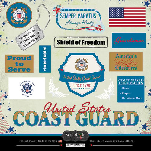 Scrapbook Customs - Military Collection - 12 x 12 Laser Cut Chipboard Pieces - Coast Guard Values