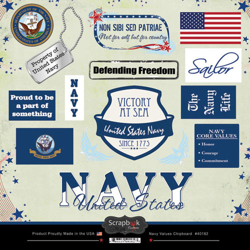 Scrapbook Customs - Military Collection - 12 x 12 Laser Cut Chipboard Pieces - Navy Values