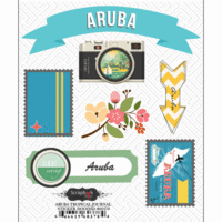 Scrapbook Customs - Tropical Excursions Collection - Doo Dads - Self Adhesive Metal Badges - Aruba - Journal