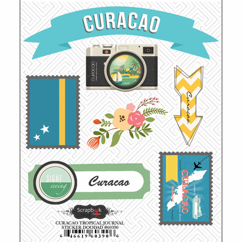 Scrapbook Customs - Tropical Excursions Collection - Doo Dads - Self Adhesive Metal Badges - Curacao - Journal