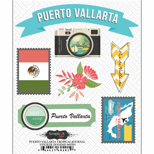 Scrapbook Customs - Tropical Excursions Collection - Doo Dads - Self Adhesive Metal Badges - Puerto Vallarta - Journal