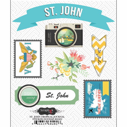 Scrapbook Customs - Tropical Excursions Collection - Doo Dads - Self Adhesive Metal Badges - St John - Journal
