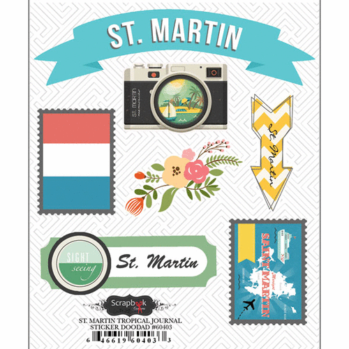 Scrapbook Customs - Tropical Excursions Collection - Doo Dads - Self Adhesive Metal Badges - St Martin - Journal