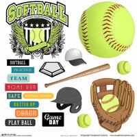 Scrapbook Customs - Sports Collection - 12 x 12 Sticker Cut Outs - Softball Elements