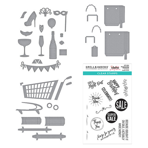 Spellbinders - Add To Cart Collection - Clear Photopolymer Stamps and Dies - Shopping Bag Sentiments, 3D Shopping Cart, Shopping Bags and Shopping Cart Party On! Bundle
