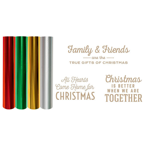 Spellbinders - Glimmer Hot Foil - Be Merry Collection - Glimmer Plate and Foil Roll Variety Pack - Gifts of Christmas Sentiments Bundle