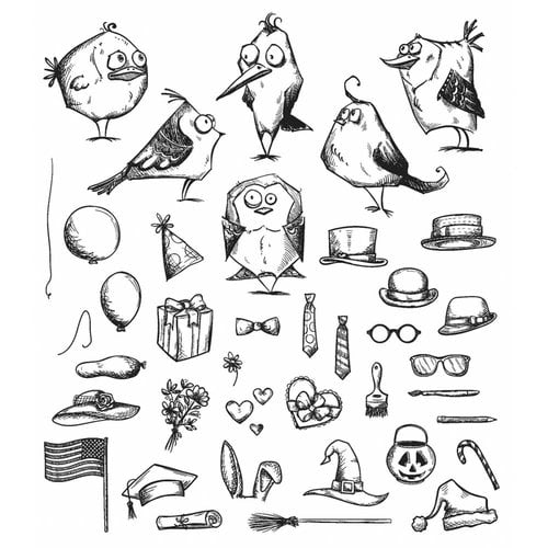 Stampers Anonymous - Tim Holtz - Cling Mounted Rubber Stamp Set - Mini Bird Crazy and Things