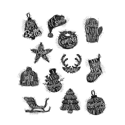 Stampers Anonymous - Tim Holtz - Christmas - Cling Mounted Rubber Stamp Set - Mini Carved Christmas