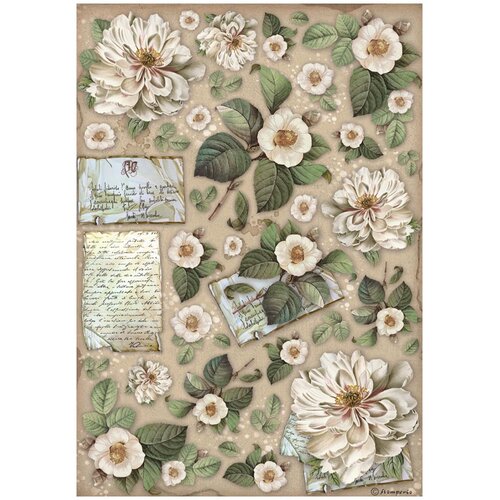 Stamperia - Vintage Library Collection - A4 Rice Paper - Flowers And Letters