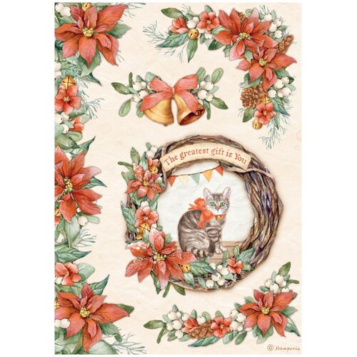 Stamperia - All Around Christmas Collection - A4 Rice Paper - Garland With Cat