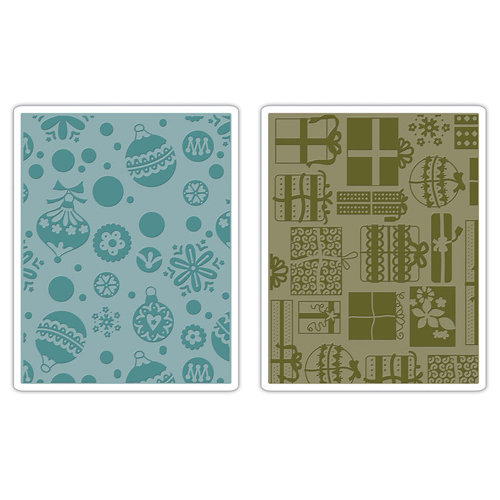 Sizzix - BasicGrey - Textured Impressions - Figgy Pudding Collection - Embossing Folders - Gifts, Ornaments and Snowflakes Set